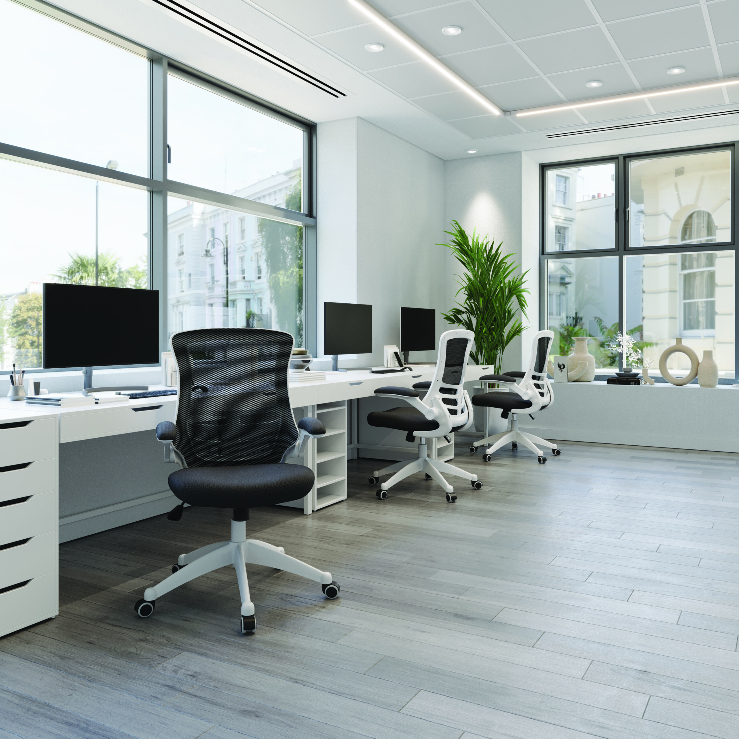 Cadiz Mesh Task Chair with White Frame and Folding Arms