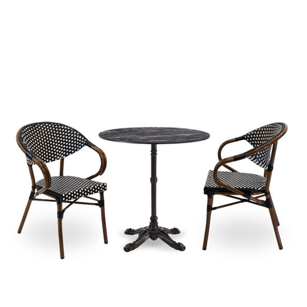 Nobis Furniture - Next Day Emily Marquina Marble Ultra HP Laminate Round Outdoor Dining Set - 2 Seater Side Chair Set