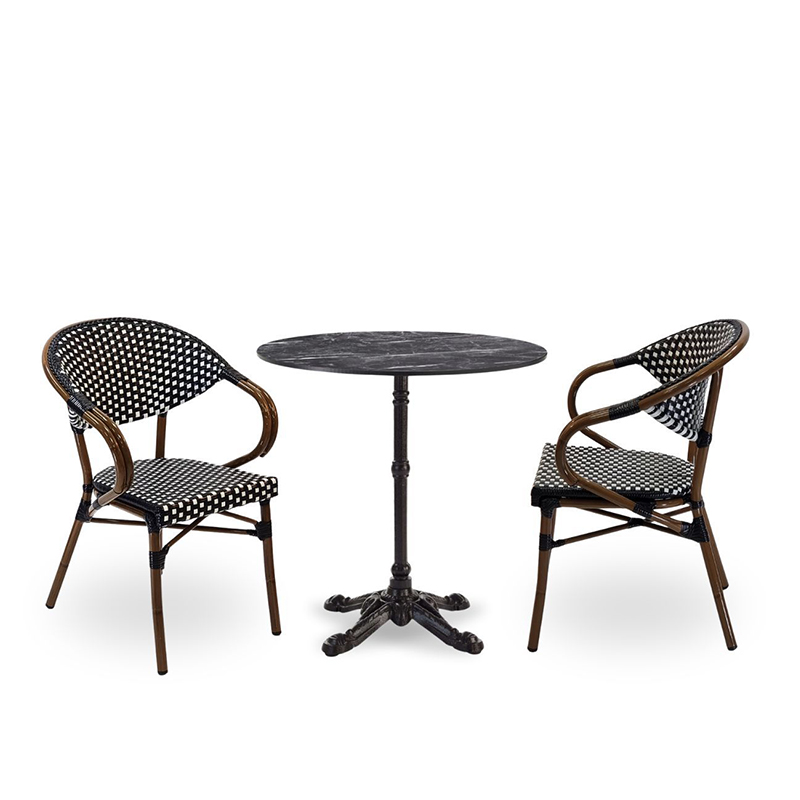 Nobis Furniture - Next Day Emily Marquina Marble Ultra HP Laminate Round Outdoor Dining Set - 2 Seater Side Chair Set