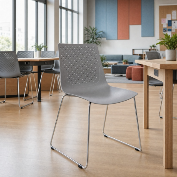 Carve Skid Frame Side Chair in Grey, in Student communal area