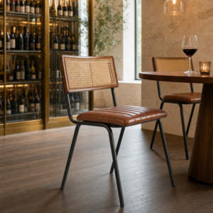 Fleetwood Genuine Pecan Brown Leather Side Chair in a wine bar setting
