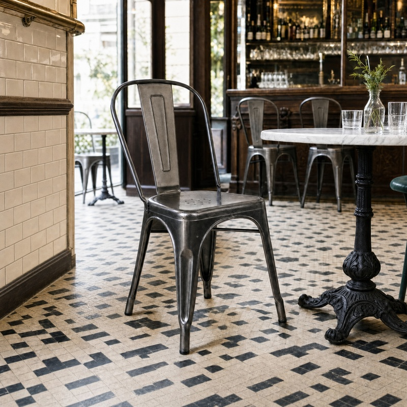 French Bistro Side Chair – Gun Metal Grey in a classic bistro setting
