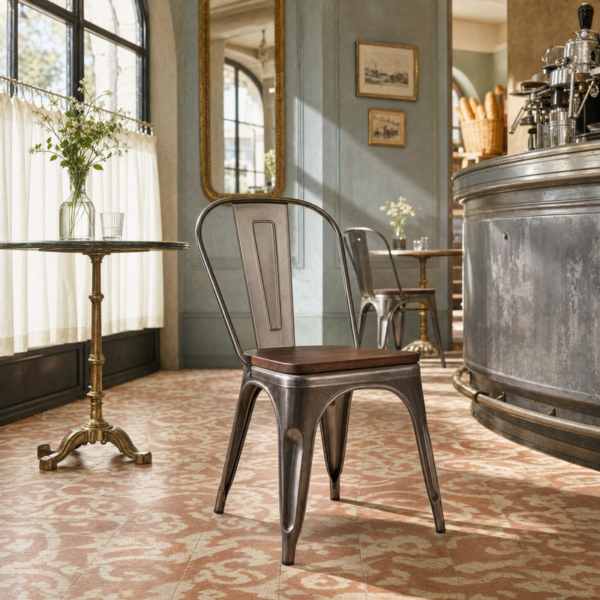 French Bistro Side Chair – Gun Metal – With Wooden Seat Board in bistro environment