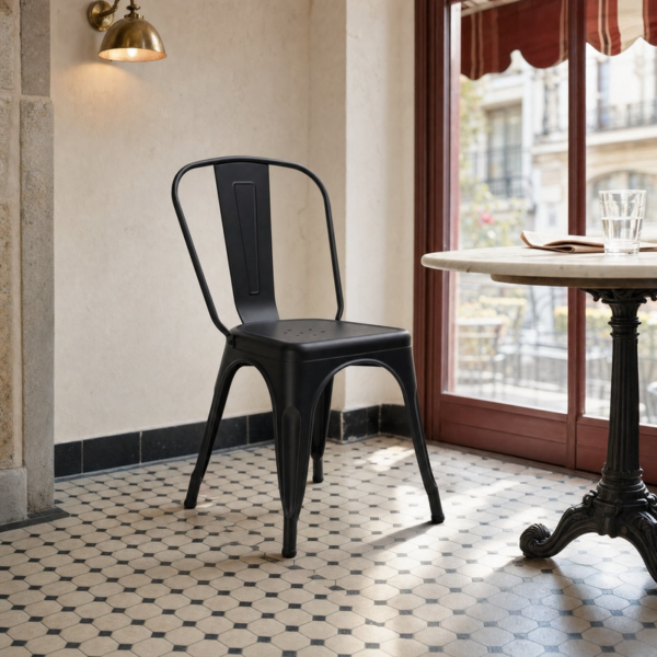 French Bistro Industrial Side Chair – Matt Black in Bistro Setting