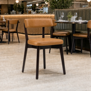 Luca Wenge Frame Faux Leather Side Chair in Ochre Brown Faux Leather Finish in Restaurant Setting