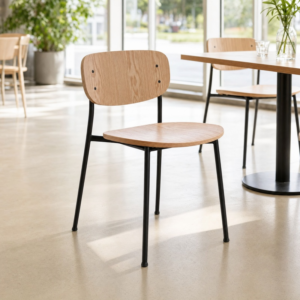 Preston Oak Finish Stacking Wood Side Chair in Cafe Setting