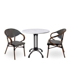 Nobis Furniture - Next Day Emily White Carrara Genuine Marble Round Outdoor Dining Set - 2 Seater Side Chair Set