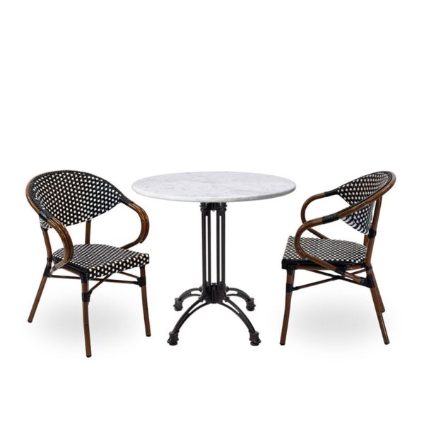 Nobis Furniture - Next Day Emily White Carrara Genuine Marble Round Outdoor Dining Set - 2 Seater Side Chair Set
