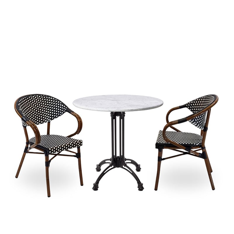 Nobis Furniture - Next Day Emily White Carrara Genuine Marble Round Outdoor Dining Set - 2 Seater Side Chair Set