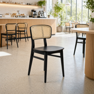 Sophia Rattan Back Side Chair in a light Cafe/Lounge setting