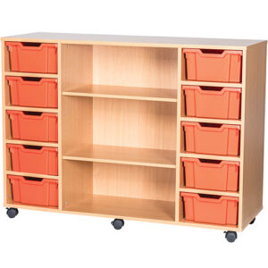 10 Deep Tray Mobile or Static Quad Bay Classroom Storage Unit with Centre Shelves - 1025mm High