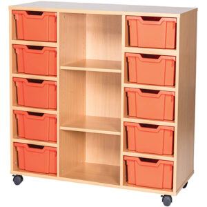 10 Deep Tray Mobile or Static Triple Bay Classroom Storage Unit with Centre Shelves - 1025mm High
