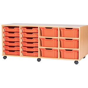 12 Shallow and 6 Deep Mixed Tray Quad Bay Mobile or Static Classroom Storage Unit - 615mm High
