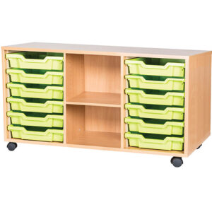 12 Tray Mobile or Static Triple Bay Classroom Storage Unit With Centre Shelf - 615mm High
