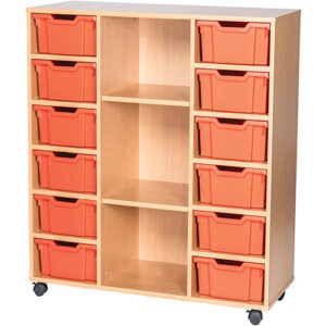 12 Deep Tray Mobile or Static Triple Bay Classroom Storage Unit with Centre Shelves - 1189mm High
