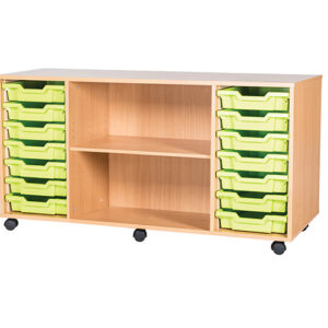 14 Tray Mobile or Static Quad Bay Classroom Storage Unit with Centre Shelf - 697mm High
