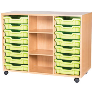 16 Tray Mobile or Static Triple Bay Classroom Storage Unit With Centre Shelves - 779mm High