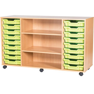 18 Tray Mobile or Static Quad Bay Classroom Storage Unit with Centre Shelves - 861mm High
