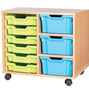 3 Deep and 6 Shallow Mixed Tray Double Bay Mobile or Static Classroom Storage Unit - 615mm High