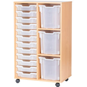 3 Jumbo and 12 Shallow Mixed Tray Double Bay Mobile or Static Classroom Storage Unit - 1107mm High