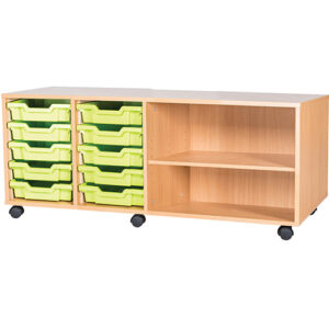 10 Tray Mobile or Static Quad Bay Classroom Storage Unit With End Shelf - 533mm High