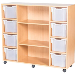 8 Extra Deep Tray Mobile or Static Quad Bay Classroom Storage Unit With Shelves - 1107mm High