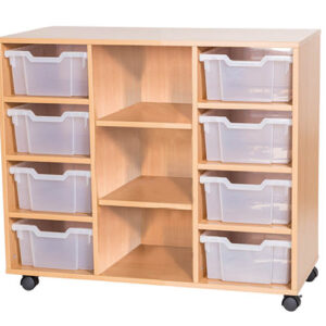 8 Deep Tray Mobile Or Static Triple Bay Classroom Storage Unit With Centre Shelves - 779mm High