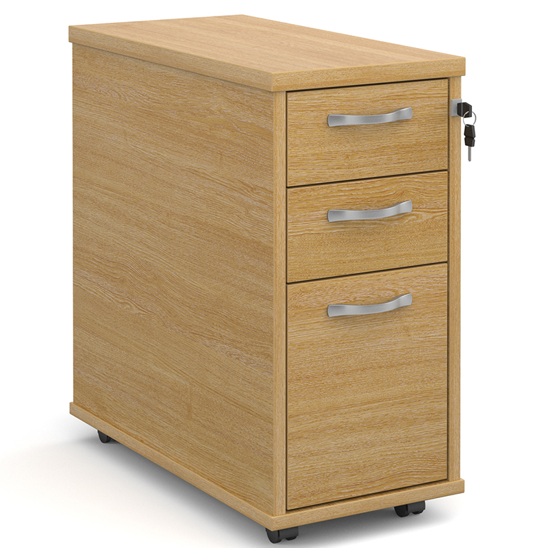 Tall Narrow 3 Drawer Mobile Pedestal - Oak - 600mm Deep