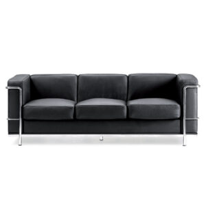 Belmont Cubed Black Leather Faced Three Seater Reception Sofa with Stainless Steel Frame