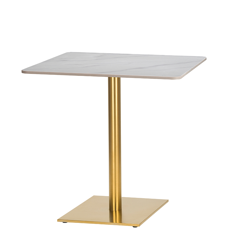 Modern Square Dining Table – Calacatta Ceramic Top, Brass Finish Base