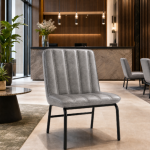 Harbor Pewter Grey Faux Leather Lounge Side Chair in hotel reception area