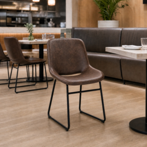 Stowe Pecan Brown Faux Leather Side Chair in Restaurant setting