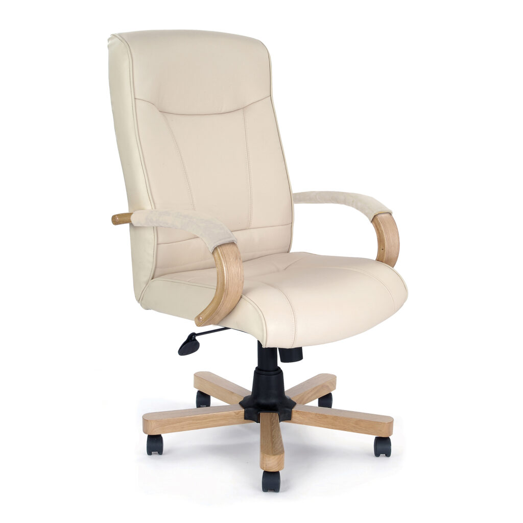 Troon High Back Leather Faced Executive Chair with Oak Effect Arms, Lumbar Support & Recline