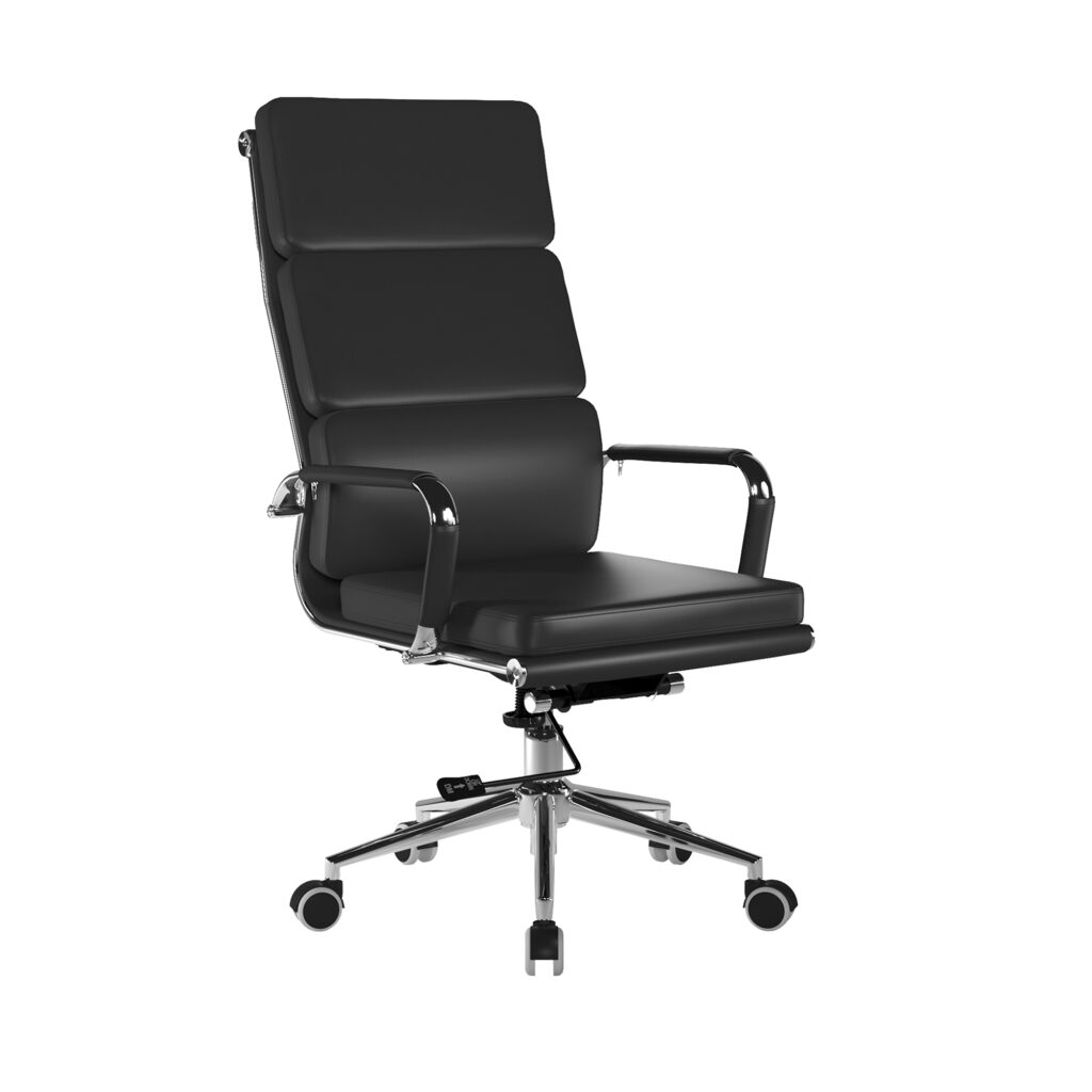 High Back Bonded Leather Swivel Office Chair – Executive Armchair with Individual Cushions, Chrome Arms & Base – Avanti