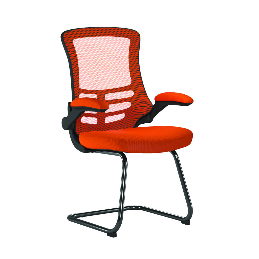 Luna Designer High Back Mesh Cantilever Visitor Chair with Folding Arms, Black Shell & Frame