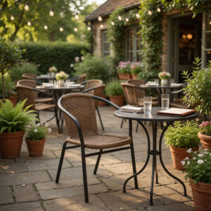 Stacking Brown Wicker Arm Chair with Black Aluminium Frame