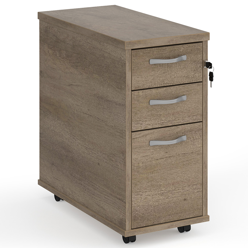Tall Narrow 3 Drawer Mobile Pedestal – Grey Nebraska Oak – 600mm Deep