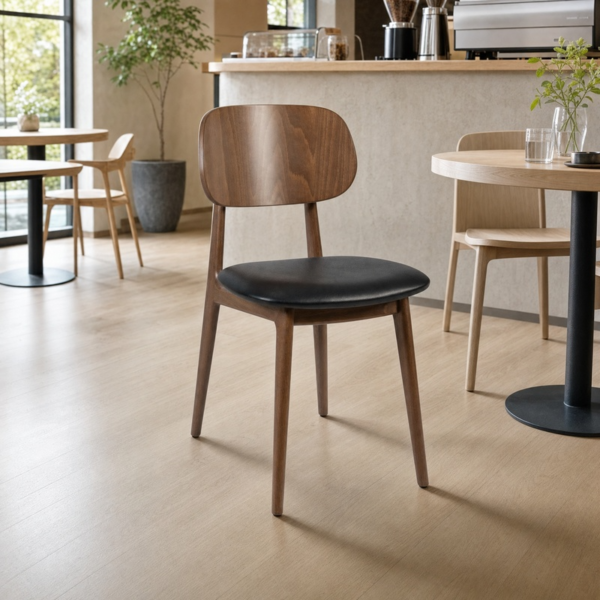 Relish Side Chair – Walnut Stained Beech with Black Faux Leather Seat Pad in light cafe asetting